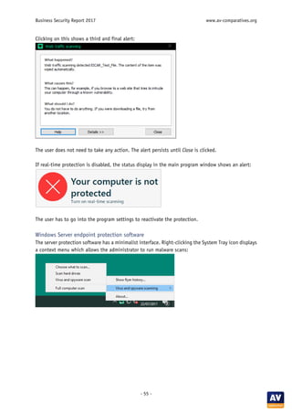Business Security Report 2017 www.av-comparatives.org
- 55 -
Clicking on this shows a third and final alert:
The user does not need to take any action. The alert persists until Close is clicked.
If real-time protection is disabled, the status display in the main program window shows an alert:
The user has to go into the program settings to reactivate the protection.
Windows Server endpoint protection software
The server protection software has a minimalist interface. Right-clicking the System Tray icon displays
a context menu which allows the administrator to run malware scans:
 