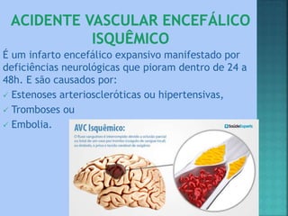 É um infarto encefálico expansivo manifestado por
deficiências neurológicas que pioram dentro de 24 a
48h. E são causados por:
 Estenoses arterioscleróticas ou hipertensivas,
 Tromboses ou
 Embolia.
 