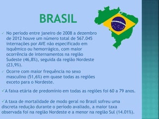  No período entre janeiro de 2008 a dezembro
de 2012 houve um número total de 567.045
internações por AVE não especificado em
isquêmico ou hemorrágico, com maior
ocorrência de internamentos na região
Sudeste (46,8%), seguida da região Nordeste
(23,9%).
 Ocorre com maior frequência no sexo
masculino (51,6%) em quase todas as regiões
exceto para o Nordeste.
A faixa etária de predomínio em todas as regiões foi 60 a 79 anos.
A taxa de mortalidade de modo geral no Brasil sofreu uma
discreta redução durante o período avaliado, a maior taxa
observada foi na região Nordeste e a menor na região Sul (14.01%).
 