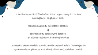 Le fonctionnement cérébral nécessite un apport sanguin constant
en oxygène et en glucose, ainsi:
réduction aigue du ﬂux artériel cérébral
souﬀrance du parenchyme cérébral
en aval de l'occlusion artérielle (nécrose)
La vitesse d'extension de la zone ischémiée dépendra de la mise en jeu de
systèmes de suppléances artérielles (collatérales) et de leur qualité
 