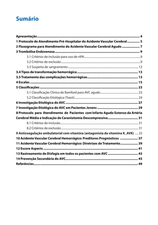Sumário
									
Apresentação..................................................................................................................... 4
1 Protocolo de Atendimento Pré-Hospitalar do Acidente Vascular Cerebral............... 5
2 Fluxograma para Atendimento do Acidente Vascular Cerebral Agudo..................... 7
3 Trombólise Endovenosa................................................................................................. 9
3.1 Critérios de inclusão para uso de rtPA.................................................................................9
3.2 Critérios de exclusão..................................................................................................................9
3.3 Suspeita de sangramento.....................................................................................................12
3.4 Tipos de transformação hemorrágica...................................................................... 13
3.5 Tratamento das complicações hemorrágicas.......................................................... 13
4 Escalas ........................................................................................................................... 15
5 Classificações................................................................................................................ 23
5.1 Classificação Clínica de Bamford para AVC agudo.......................................................23
5.2 Classificação Etiológica (Toast)............................................................................................24
6 Investigação Etiológica do AVC................................................................................... 27
7 Investigação Etiológica do AVC em Pacientes Jovens............................................... 29
8 Protocolo para Atendimento de Pacientes com Infarto Agudo Extenso da Artéria
Cerebral Média e Indicação de Caraniotomia Descompressiva................................... 31
8.1 Critérios de inclusão................................................................................................................31
8.2 Critérios de exclusão...............................................................................................................31
9 Anticoagulação ambulatorial com vitamina (antagonista da vitamina K_AVK) ......33
10 Acidente Vascular Cerebral Hemorrágico: Preditores Prognósticos ..................... 37
11 Acidente Vascular Cerebral Hemorrágico: Diretrizes de Tratamento..................... 39
12 Escore Aspects............................................................................................................ 41
13 Rastreamento de Disfagia em todos os pacientes com AVC................................... 43
14 Prevenção Secundária do AVC.................................................................................. 45
Referências....................................................................................................................... 49
 