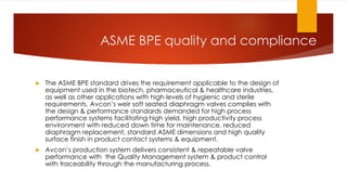 ASME BPE quality and compliance
 The ASME BPE standard drives the requirement applicable to the design of
equipment used in the biotech, pharmaceutical & healthcare industries,
as well as other applications with high levels of hygienic and sterile
requirements. Avcon’s weir soft seated diaphragm valves complies with
the design & performance standards demanded for high process
performance systems facilitating high yield, high productivity process
environment with reduced down time for maintenance, reduced
diaphragm replacement, standard ASME dimensions and high quality
surface finish in product contact systems & equipment.
 Avcon’s production system delivers consistent & repeatable valve
performance with the Quality Management system & product control
with traceability through the manufacturing process.
 