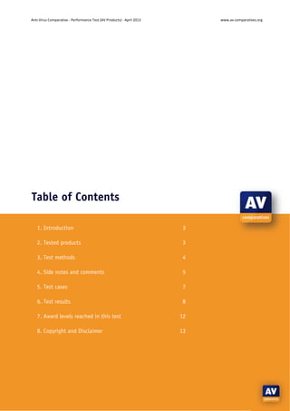 Anti‐Virus Comparative ‐ Performance Test (AV Products) ‐ April 2013  www.av‐comparatives.org 
‐ 2 ‐ 
 
Table of Contents
...