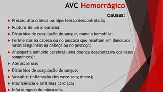 AVC Hemorrágico
causas:
 Pressão alta crônica ou hipertensão descontrolada;
 Ruptura de um aneurisma;
 Distúrbios de coagulação do sangue, como a hemofilia;
 Ferimentos na cabeça ou no pescoço que resultam em danos aos
vasos sanguíneos na cabeça ou no pescoço;
 Angiopatia amiloide cerebral (uma doença degenerativa dos vasos
sanguíneos);
 Aterosclerose;
 Distúrbios de coagulação do sangue;
 Vasculite (inflamação dos vasos sanguíneos);
 Insuficiência e arritmias cardíacas;
 Infarto agudo do miocárdio.
 