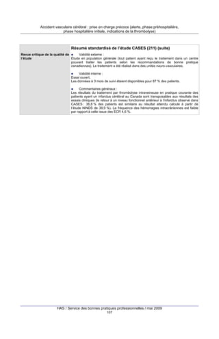 Accident vasculaire cérébral : prise en charge précoce (alerte, phase préhospitalière,
phase hospitalière initiale, indications de la thrombolyse)

Résumé standardisé de l’étude CASES (211) (suite)
Revue critique de la qualité de
Validité externe :
l’étude
Étude en population générale (tout patient ayant reçu le traitement dans un centre
pouvant traiter les patients selon les recommandations de bonne pratique
canadiennes). Le traitement a été réalisé dans des unités neuro-vasculaires.
Validité interne :
Essai ouvert.
Les données à 3 mois de suivi étaient disponibles pour 87 % des patients.
Commentaires généraux :
Les résultats du traitement par thrombolyse intraveineuse en pratique courante des
patients ayant un infarctus cérébral au Canada sont transposables aux résultats des
essais cliniques (le retour à un niveau fonctionnel antérieur à l’infarctus observé dans
CASES : 36,8 % des patients est similaire au résultat attendu calculé à partir de
l’étude NINDS de 39,9 %). La fréquence des hémorragies intracrâniennes est faible
par rapport à celle issue des ECR 4,6 %.

HAS / Service des bonnes pratiques professionnelles / mai 2009
107

 