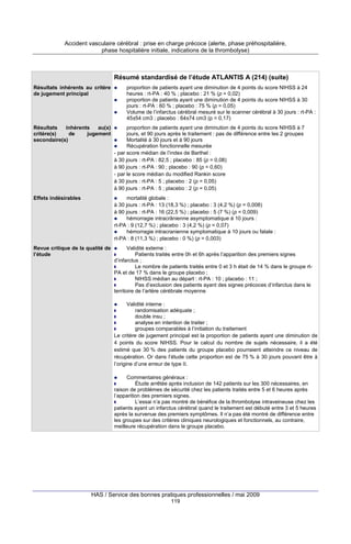 Accident vasculaire cérébral : prise en charge précoce (alerte, phase préhospitalière,
phase hospitalière initiale, indications de la thrombolyse)

Résumé standardisé de l’étude ATLANTIS A (214) (suite)
Résultats inhérents au critère
de jugement principal

proportion de patients ayant une diminution de 4 points du score NIHSS à 24
heures : rt-PA : 40 % ; placebo : 21 % (p = 0,02)
proportion de patients ayant une diminution de 4 points du score NIHSS à 30
jours : rt-PA : 60 % ; placebo : 75 % (p = 0,05)
Volume de l’infarctus cérébral mesuré sur le scanner cérébral à 30 jours : rt-PA :
45±54 cm3 ; placebo : 64±74 cm3 (p = 0,17)

Résultats
inhérents
au(x)
critère(s)
de
jugement
secondaire(s)

proportion de patients ayant une diminution de 4 points du score NIHSS à 7
jours, et 90 jours après le traitement : pas de différence entre les 2 groupes
Mortalité à 30 jours et à 90 jours
Récupération fonctionnelle mesurée
- par score médian de l’index de Barthel :
à 30 jours : rt-PA : 82,5 ; placebo : 85 (p = 0,08)
à 90 jours : rt-PA : 90 ; placebo : 90 (p = 0,60)
- par le score médian du modified Rankin score
à 30 jours : rt-PA : 5 ; placebo : 2 (p = 0,05)
à 90 jours : rt-PA : 5 ; placebo : 2 (p = 0,05)

Effets indésirables

mortalité globale :
à 30 jours : rt-PA : 13 (18,3 %) ; placebo : 3 (4,2 %) (p = 0,008)
à 90 jours : rt-PA : 16 (22,5 %) ; placebo : 5 (7 %) (p = 0,009)
hémorragie intracrânienne asymptomatique à 10 jours :
rt-PA : 9 (12,7 %) ; placebo : 3 (4,2 %) (p = 0,07)
hémorragie intracranienne symptomatique à 10 jours ou fatale :
rt-PA : 8 (11,3 %) ; placebo : 0 %) (p = 0,003)

Revue critique de la qualité de
l’étude

Validité externe :
Patients traités entre 0h et 6h après l’apparition des premiers signes
d’infarctus ;
Le nombre de patients traités entre 0 et 3 h était de 14 % dans le groupe rtPA et de 17 % dans le groupe placebo ;
NIHSS médian au départ : rt-PA : 10 ; placebo : 11 ;
Pas d’exclusion des patients ayant des signes précoces d’infarctus dans le
territoire de l’artère cérébrale moyenne
Validité interne :
randomisation adéquate ;
double insu ;
analyse en intention de traiter ;
groupes comparables à l’initiation du traitement
Le critère de jugement principal est la proportion de patients ayant une diminution de
4 points du score NIHSS. Pour le calcul du nombre de sujets nécessaire, il a été
estimé que 30 % des patients du groupe placebo pourraient atteindre ce niveau de
récupération. Or dans l’étude cette proportion est de 75 % à 30 jours pouvant être à
l’origine d’une erreur de type II.
Commentaires généraux :
Étude arrêtée après inclusion de 142 patients sur les 300 nécessaires, en
raison de problèmes de sécurité chez les patients traités entre 5 et 6 heures après
l’apparition des premiers signes.
L’essai n’a pas montré de bénéfice de la thrombolyse intraveineuse chez les
patients ayant un infarctus cérébral quand le traitement est débuté entre 3 et 5 heures
après la survenue des premiers symptômes. Il n’a pas été montré de différence entre
les groupes sur des critères cliniques neurologiques et fonctionnels, au contraire,
meilleure récupération dans le groupe placebo.

HAS / Service des bonnes pratiques professionnelles / mai 2009
119

 