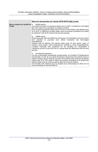 Accident vasculaire cérébral : prise en charge précoce (alerte, phase préhospitalière,
phase hospitalière initiale, indications de la thrombolyse)

Résumé standardisé de l’étude SITS-ISTR (220) (suite)
Revue critique de la qualité de
Validité externe :
l’étude
Les critères d’inclusion et d’exclusion étaient ceux du RCP. Le traitement a été réalisé
dans des unités neuro-vasculaires, en pratique courante.
Pour la moitié des patients traités entre 3h et 4,5h, la thrombolyse a été débutée entre
3h et 3h15. La différence de délai médian entre les premiers symptômes et le début
du traitement a été de 55 minutes entre les deux groupes.
Validité interne :
Étude observationnelle des différences techniques et d’interprétation entre les centres
sont possibles et pourraient avoir affecté l’évaluation des hémorragies
intracrâniennes.
Possible biais de sélection des patients traités après 3h (plus jeunes, ayant un
infarctus moins sévère, moins d’hypertension artérielle et moins d’hyperlipidémie).
L’analyse multivariée avec ajustement sur les variables non comparables à
l’admission pourrait ne pas avoir pris en compte toutes les différences entre les deux
groupes.
Commentaires généraux :
Les taux d’hémorragie intracérébrale symptomatique, de mortalité et d’indépendance
fonctionnelle à 3 mois de suivi après thrombolyse intraveineuse des patients ayant un
infarctus cérébral aigu en pratique courante sont similaires entre le groupe de patients
traités entre 3h et 4,5h après le début des premiers symptômes et le groupe des
patients traités dans les 3 heures après le début de l’infarctus cérébral.
Ces résultats sont cohérents avec les résultats de la méta-analyse de 2004 (217) et
avec les résultats de l’étude ECASS III.

HAS / Service des bonnes pratiques professionnelles / mai 2009
132

 