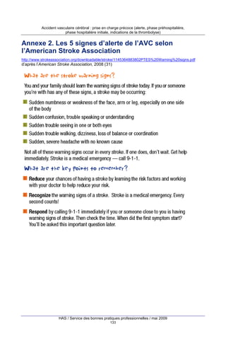 Accident vasculaire cérébral : prise en charge précoce (alerte, phase préhospitalière,
phase hospitalière initiale, indications de la thrombolyse)

Annexe 2. Les 5 signes d’alerte de l’AVC selon
l’American Stroke Association
http://www.strokeassociation.org/downloadable/stroke/1145364883802PTES%20Warning%20signs.pdf

d’après l’American Stroke Association, 2008 (31)

HAS / Service des bonnes pratiques professionnelles / mai 2009
133

 