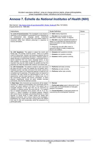 Accident vasculaire cérébral : prise en charge précoce (alerte, phase préhospitalière,
phase hospitalière initiale, indications de la thrombolyse)

Annexe 7. Échelle du National Institutes of Health (NIH)
Site Internet : http://www.ninds.nih.gov/doctors/NIH_Stroke_Scale.pdf (Rev 10/1/2003)
D’après Brott et al., 1989 (66)

Instructions

Scale Definition

Score

1a. Level of Consciousness: The investigator must choose a
response if a full evaluation is prevented by such obstacles as
an endotracheal tube, language barrier, orotracheal
trauma/bandages. A 3 is scored only if the patient makes no
movement (other than reflexive posturing) in response to
noxious stimulation.

0 = Alert; keenly responsive.

______

1 = Not alert; but arousable by minor
stimulation to obey, answer, or respond.
2 = Not alert; requires repeated stimulation to
attend, or is obtunded and requires strong or
painful stimulation to make movements (not
stereotyped).
3 = Responds only with reflex motor or
autonomic effects or totally unresponsive,
flaccid, and areflexic.

1b. LOC Questions: The patient is asked the month and
his/her age. The answer must be correct - there is no partial
credit for being close. Aphasic and stuporous patients who do
not comprehend the questions will score 2. Patients unable to
speak because of endotracheal intubation, orotracheal trauma,
severe dysarthria from any cause, language barrier, or any
other problem not secondary to aphasia are given a 1. It is
important that only the initial answer be graded and that the
examiner not "help" the patient with verbal or non-verbal cues.

0 = Answers both questions correctly.

1c. LOC Commands: The patient is asked to open and close
the eyes and then to grip and release the non-paretic hand.
Substitute another one step command if the hands cannot be
used. Credit is given if an unequivocal attempt is made but not
completed due to weakness. If the patient does not respond to
command, the task should be demonstrated to him or her
(pantomime), and the result scored (i.e., follows none, one or
two commands). Patients with trauma, amputation, or other
physical impediments should be given suitable one-step
commands. Only the first attempt is scored.

0 = Performs both tasks correctly.

2. Best Gaze: Only horizontal eye movements will be tested.
Voluntary or reflexive (oculocephalic) eye movements will be
scored, but caloric testing is not done. If the patient has a
conjugate deviation of the eyes that can be overcome by
voluntary or reflexive activity, the score will be 1. If a patient
has an isolated peripheral nerve paresis (CN III, IV or VI),
score a 1. Gaze is testable in all aphasic patients. Patients
with ocular trauma, bandages, pre-existing blindness, or other
disorder of visual acuity or fields should be tested with
reflexive movements, and a choice made by the investigator.
Establishing eye contact and then moving about the patient
from side to side will occasionally clarify the presence of a
partial gaze palsy.

0 = Normal.

______

1 = Answers one question correctly.
2 = Answers neither question correctly.

______

1 = Performs one task correctly.
2 = Performs neither task correctly.

1 = Partial gaze palsy; gaze is abnormal in one
or both eyes, but forced deviation or total gaze
paresis is not present.
2 = Forced deviation, or total gaze paresis not
overcome by the oculocephalic maneuver.

HAS / Service des bonnes pratiques professionnelles / mai 2009
139

______

 