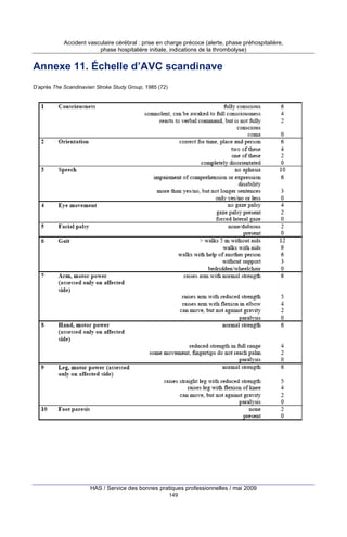 Accident vasculaire cérébral : prise en charge précoce (alerte, phase préhospitalière,
phase hospitalière initiale, indications de la thrombolyse)

Annexe 11. Échelle d’AVC scandinave
D’après The Scandinavian Stroke Study Group, 1985 (72)

HAS / Service des bonnes pratiques professionnelles / mai 2009
149

 