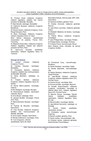 Accident vasculaire cérébral : prise en charge précoce (alerte, phase préhospitalière,
phase hospitalière initiale, indications de la thrombolyse)
Mme Marie Erbault, chef de projet, SPP, HAS,
Saint-Denis
Dr Sandrine Greffard, gériatrie, Paris
Pr Charles Honnorat, médecine générale,
Rennes
Dr Jean-Pierre Larrumbe, médecine générale,
Velaux
Dr Elisabeth Medeiros de Bustos, neurologie,
Besançon
Dr Patrick Miroux, médecine d’urgence,
Compiègne
Pr Jean-Philippe Neau, neurologie, Poitiers
Dr Philippe Niclot, neurologie, Pontoise
Pr François Proust, neurochirurgie, Rouen
Mme Évelyne Uzols, infirmière de service
d’urgence, Aurillac

Dr Thomas Aczel, médecine d’urgence,
médecin régulateur, bataillon des marinspompiers de Marseille, Marseille
Pr Alain Bonafé, radiologie, Montpellier
Dr Catherine Busseuil, médecine d’urgence,
Montélimar
Dr Pascal Cassan, médecine d’urgence, CroixRouge française, Paris
Dr Alban Chantegret, médecine d’urgence,
médecin régulateur Samu 21, Dijon
Mme
Denise
Desseaux,
représentante
d’association de patients, France AVC,
Tourcoing
Dr Stéphane Dubourdieu, médecine d’urgence,
médecin régulateur, brigade des sapeurspompiers de Paris, Paris
Dr
Jean-Louis
Ducassé,
anesthésieréanimation, médecin régulateur Samu 31,
Toulouse

Groupe de lecture
Dr
Laurent
d’Araujo,
médecine
d’urgence, Provins
Dr
Caroline Arquizan,
neurologie,
Montpellier
Dr Christophe Barberis, médecine
d’urgence, bataillon des marins-pompiers
de Marseille, Marseille
Dr Denis Berthelon, radiologie, Le
Creusot
Dr
Frédéric
Berthier,
médecine
d’urgence, médecin régulateur Samu 44,
Nantes
Dr Karine Blanc-Lasserre, neurologie,
Valence
Dr Éric Bodiguel, neurologie, Bourges
Dr Pierre-Edouart Bollaert, réanimation
médicale, Nancy
Dr Anne Boulin, radiologie, Paris
Dr Jacques Boulliat, neurologie, France
AVC, Paris
Pr Marie-Germaine Bousser, neurologie,
Paris
Dr Thomas de Broucker, neurologie,
Saint-Denis
Dr Yves Burckel, médecine d’urgence,
bataillon
des
marins-pompiers
de
Mareille, Marseille
Dr Anne Castot, Afssaps, Saint-Denis
Dr Renato Colamarino, neurologie, Vichy
M. Yvon Croguenec, infirmier
anesthésiste, Samu 29, Brest

Dr Emmanuel Cuny, neurochirurgie,
Bordeaux
Dr Olivier Dereeper, neurologie, Calais
Dr Claude Depriester, neuroradiologie,
Lille
Dr Sabine Deveaux, médecine d’urgence,
Cergy-Pontoise
Dr Jean-Michel Dudouit, médecine
d’urgence, médecin régulateur Samu 972,
Fort-de-France
Dr Antoine Dunac, neurologie, Nice
Dr Emmanuel Ellie, neurologie, Bayonne
Dr Annette Girard-Claudon, médecine
d’urgence, coordinateur neurologie et
référent filière AVC, médecin régulateur
Samu 972, Fort-de-France
Pr Maurice Giroud, neurologie, DijonDr
Patrick
Goldstein,
anesthésieréanimation, médecin régulateur Samu
59, Lille
Dr Benoît Guillon, neurologie, Nantes
Dr Jean-Michel Hervochon, radiologie, La
Rochelle
Dr
Vincent
Hubert,
anesthésieréanimation, Amiens
Dr Christophe Lapras, neurochirurgie,
Argonnay
Dr Benoît Lavallart, gériatrie, Paris
Pr Xavier Leclerc, neuroradiologie, Lille
Dr Christian Léorier, médecine générale,
Saint-Paul-les-Trois-Châteaux

HAS / Service des bonnes pratiques professionnelles / mai 2009
173

 