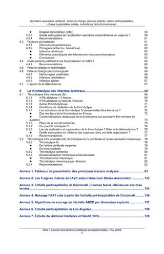 Accident vasculaire cérébral : prise en charge précoce (alerte, phase préhospitalière,
phase hospitalière initiale, indications de la thrombolyse)

4.3

4.4
4.5
4.6

4.7

5
5.1

5.2

►
Doppler transcrânien (DTC)
4.2.3
Quelle est la place de l’exploration vasculaire extracrânienne en urgence ?
4.2.4
Recommandations
Facteurs pronostiques
4.3.1
Cliniques et paracliniques
4.3.2
D’imagerie (infarctus, hématome)
►
Infarctus cérébraux
►
Eléments pronostiques des hématomes intra parenchymateux
►
Conclusions
Quels patients justifient d’une hospitalisation en UNV ?
4.4.1
Recommandations
Prise en charge en réanimation
Prise en charge neurochirurgicale
4.6.1
Hémorragies cérébrales
4.6.2
Infarctus cérebelleux
4.6.3
Infarctus sylvien
L’apport de la télémédecine

59
59
61
61
62
62
62
63
63
64
66
66
66
66
66
67
67

La thrombolyse des infarctus cérébraux.....................................................................68
Thrombolyse intra veineuse (IV)
5.1.1
rt-PA-altéplase < 3 heures
5.1.2
rt-PA-altéplase au-delà de 3 heures
5.1.3
Autres thrombolytiques
5.1.4
Conditions de réalisation de la thrombolyse
5.1.5
Les indications de la thrombolyse IV peuvent-elles être étendues ?
►
État des lieux de la thrombolyse en France
►
Contre indications classiques de la thrombolyse qui pourraient être remises en
question
5.1.6
Place de la sonothrombolyse
5.1.7
Qui peut thrombolyser ?
5.1.8
Lieu de réalisation et organisation de la thrombolyse ? Rôle de la télémédecine ?
►
Quelle est la place du médecin des urgences dans une telle organisation ?
5.1.9
Recommandations
Thrombolyse intra artérielle (IA), thrombolyse IA IV combinée et revascularisation mécanique
5.2.1
Thrombolyse IA
►
De l’artère cérébrale moyenne
►
Du tronc basilaire
5.2.2
Thrombolyse combinée
5.2.3
Revascularisation mécanique endovasculaire
►
Thrombectomie mécanique
►
Thrombolyse mécanique par ultrasons
5.2.4
Recommandations

68
69
70
71
71
72
72
73
75
76
76
77
77
78
78
78
79
80
81
81
82
82

Annexe 1. Tableaux de présentation des principaux travaux analysés .............................83
Annexe 2. Les 5 signes d’alerte de l’AVC selon l’American Stroke Association...............133
Annexe 3. Echelle préhospitalière de Cincinnati - Examen facial - Manœuvre des bras
tendus .....................................................................................................................................134
Annexe 4. Message FAST créé à partir de l’échelle pré-hospitalière de Cincinnati ..........136
Annexe 5. Algorithme de scorage de l’échelle ABCD par dimension explorée .................137
Annexe 6. Echelle préhospitalière de Los Angeles..............................................................138
Annexe 7. Échelle du National Institutes of Health (NIH).....................................................139

HAS / Service des bonnes pratiques professionnelles / mai 2009
5

 