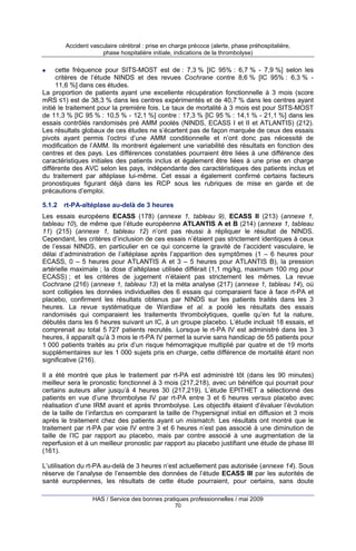 Accident vasculaire cérébral : prise en charge précoce (alerte, phase préhospitalière,
phase hospitalière initiale, indications de la thrombolyse)

cette fréquence pour SITS-MOST est de : 7,3 % [IC 95% : 6,7 % - 7,9 %] selon les
critères de l’étude NINDS et des revues Cochrane contre 8,6 % [IC 95% : 6,3 % 11,6 %] dans ces études.
La proportion de patients ayant une excellente récupération fonctionnelle à 3 mois (score
mRS ≤1) est de 38,3 % dans les centres expérimentés et de 40,7 % dans les centres ayant
initié le traitement pour la première fois. Le taux de mortalité à 3 mois est pour SITS-MOST
de 11,3 % [IC 95 % : 10,5 % - 12,1 %] contre : 17,3 % [IC 95 % : 14,1 % - 21,1 %] dans les
essais contrôlés randomisés pré AMM poolés (NINDS, ECASS I et II et ATLANTIS) (212).
Les résultats globaux de ces études ne s’écartent pas de façon marquée de ceux des essais
pivots ayant permis l’octroi d’une AMM conditionnelle et n’ont donc pas nécessité de
modification de l’AMM. Ils montrent également une variabilité des résultats en fonction des
centres et des pays. Les différences constatées pourraient être liées à une différence des
caractéristiques initiales des patients inclus et également être liées à une prise en charge
différente des AVC selon les pays, indépendante des caractéristiques des patients inclus et
du traitement par altéplase lui-même. Cet essai a également confirmé certains facteurs
pronostiques figurant déjà dans les RCP sous les rubriques de mise en garde et de
précautions d’emploi.
5.1.2

rt-PA-altéplase au-delà de 3 heures

Les essais européens ECASS (178) (annexe 1, tableau 9), ECASS II (213) (annexe 1,
tableau 10), de même que l’étude européenne ATLANTIS A et B (214) (annexe 1, tableau
11) (215) (annexe 1, tableau 12) n’ont pas réussi à répliquer le résultat de NINDS.
Cependant, les critères d’inclusion de ces essais n’étaient pas strictement identiques à ceux
de l’essai NINDS, en particulier en ce qui concerne la gravité de l’accident vasculaire, le
délai d’administration de l’altéplase après l’apparition des symptômes (1 – 6 heures pour
ECASS, 0 – 5 heures pour ATLANTIS A et 3 – 5 heures pour ATLANTIS B), la pression
artérielle maximale ; la dose d’altéplase utilisée différait (1,1 mg/kg, maximum 100 mg pour
ECASS) ; et les critères de jugement n’étaient pas strictement les mêmes. La revue
Cochrane (216) (annexe 1, tableau 13) et la méta analyse (217) (annexe 1, tableau 14), où
sont colligées les données individuelles des 6 essais qui comparaient face à face rt-PA et
placebo, confirment les résultats obtenus par NINDS sur les patients traités dans les 3
heures. La revue systématique de Wardlaw et al. a poolé les résultats des essais
randomisés qui comparaient les traitements thrombolytiques, quelle qu’en fut la nature,
débutés dans les 6 heures suivant un IC, à un groupe placebo. L’étude incluait 18 essais, et
comprenait au total 5 727 patients recrutés. Lorsque le rt-PA IV est administré dans les 3
heures, il apparaît qu’à 3 mois le rt-PA IV permet la survie sans handicap de 55 patients pour
1 000 patients traités au prix d’un risque hémorragique multiplié par quatre et de 19 morts
supplémentaires sur les 1 000 sujets pris en charge, cette différence de mortalité étant non
significative (216).
Il a été montré que plus le traitement par rt-PA est administré tôt (dans les 90 minutes)
meilleur sera le pronostic fonctionnel à 3 mois (217,218), avec un bénéfice qui pourrait pour
certains auteurs aller jusqu’à 4 heures 30 (217,219). L’étude EPITHET a sélectionné des
patients en vue d’une thrombolyse IV par rt-PA entre 3 et 6 heures versus placebo avec
réalisation d’une IRM avant et après thrombolyse. Les objectifs étaient d’évaluer l’évolution
de la taille de l’infarctus en comparant la taille de l’hypersignal initial en diffusion et 3 mois
après le traitement chez des patients ayant un mismatch. Les résultats ont montré que le
traitement par rt-PA par voie IV entre 3 et 6 heures n’est pas associé à une diminution de
taille de l’IC par rapport au placebo, mais par contre associé à une augmentation de la
reperfusion et à un meilleur pronostic par rapport au placebo justifiant une étude de phase III
(161).
L’utilisation du rt-PA au-delà de 3 heures n’est actuellement pas autorisée (annexe 14). Sous
réserve de l’analyse de l’ensemble des données de l’étude ECASS III par les autorités de
santé européennes, les résultats de cette étude pourraient, pour certains, sans doute
HAS / Service des bonnes pratiques professionnelles / mai 2009
70

 