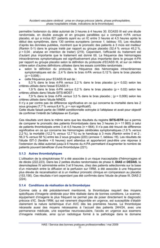 Accident vasculaire cérébral : prise en charge précoce (alerte, phase préhospitalière,
phase hospitalière initiale, indications de la thrombolyse)

permettre l’extension du délai autorisé de 3 heures à 4 heures 30. ECASS III est une étude
randomisée, en double aveugle et en groupes parallèles qui a comparé rt-PA versus
placebo, et qui a inclus 821 patients ayant eu un IC entre 3 heures et 4,5 heures après le
début des symptômes, dans 130 centres européens (annexe 1, tableau 15). Les résultats
d’après les données publiées, montrent que le pronostic des patients à 3 mois est meilleur
(Rankin 0-1) dans le groupe traité par rapport au groupe placebo (52,4 % versus 45,2 %,
p = 0,04 ; analyse en intention de traiter) (219). Cependant, l’efficacité du traitement est
d’autant plus importante que le traitement est donné tôt. La fréquence des hémorragies
intracrâniennes symptomatiques est significativement plus importante dans le groupe rt-PA
par rapport au groupe placebo selon la définition du protocole d’ECASS III, et sur ce même
critère selon d’autres définitions utilisées dans les essais contrôlés randomisés :
selon la définition du protocole, la fréquence des hémorragies intracrâniennes
symptomatiques est de : 2,4 % dans le bras rt-PA versus 0,12 % dans le bras placebo
(p = 0,008) ;
cette fréquence pour ECASS III est de :
5,3 % dans le bras rt-PA versus 2,2 % dans le bras placebo (p = 0,02) selon les
critères utilisés dans l’essai ECASS II ;
1,9 % dans le bras rt-PA versus 0,2 % dans le bras placebo (p = 0,02) selon les
critères utilisés dans l’étude SITS-MOST ;
7,9 % dans le bras rt-PA versus 3,5 % dans le bras placebo ; (p = 0,006) selon les
critères utilisés dans l’étude NINDS.
Il n’y a par contre pas de différence significative en ce qui concerne la mortalité dans les 2
sous groupes (7,7 % versus 8,4 %, p = non significatif).
Cette étude faisait partie de l’AMM conditionnelle octroyée à l’altéplase et avait pour objectif
de confirmer l’intérêt de l’altéplase en Europe.
Ces résultats vont dans le même sens que les résultats du registre SITS-ISTR qui a permis
de comparer le pronostic des patients thrombolysés dans les 3 heures (n = 11 865) à celui
de patients thrombolysés entre 3 et 4,5 heures (n = 664). Il n’a pas été trouvé de différence
significative en ce qui concerne les hémorragies cérébrales symptomatiques (1,6 % versus
2,2 %), la mortalité (12,2 % versus 12,7 %) ou le handicap à 3 mois (Rankin entre 0 et 2 ;
56,3 % versus 58 %) entre les 2 sous groupes (220) (annexe 1, tableau 16). Les résultats de
l’étude IST-3 (fenêtre < 6 heures) sont attendus et apporteront peut-être une réponse à
l’extension du délai autorisé jusqu’à 6 heures du rt-PA permettant d’augmenter le nombre de
patients pouvant bénéficier d’une thrombolyse (221).
5.1.3

Autres thrombolytiques

L’utilisation de la streptokinase IV a été associée à un risque inacceptable d’hémorragies et
de décès (222,223). Dans les 2 petites études randomisées de phase II, DIAS et DEDAS, la
desmoteplase IV administrée entre 3 et 9 heures, chez des patients sélectionnés sur la base
d’un mismatch entre la diffusion et la perfusion sur l’IRM, a été associée à une fréquence
plus élevée de recanalisation et à un meilleur pronostic clinique en comparaison au placebo
(153,156). Ces résultats n’ont cependant pas été confirmés dans l’étude de phase III, DIAS 2
(224).
5.1.4

Conditions de réalisation de la thrombolyse

Comme cela a été précédemment mentionné, la thrombolyse requiert des moyens
spécifiques d’imagerie cérébrale pour être réalisée dans de bonnes conditions. Le scanner,
équipement d’imagerie le plus fréquent ne permet pas de poser directement le diagnostic
précoce d’IC. Seule l’IRM, qui est rarement disponible en urgence, est susceptible d’établir
clairement la nature ischémique d’un AVC dès les premières heures. La thrombolyse
nécessite aussi des moyens nécessaires à l’accueil des patients 24H/24, avec une
permanence médicale, une expertise neurovasculaire, l’accès en urgence aux examens
d’imagerie médicale, ainsi qu’un radiologue formé à la pathologie dans le domaine

HAS / Service des bonnes pratiques professionnelles / mai 2009
71

 