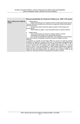 Accident vasculaire cérébral : prise en charge précoce (alerte, phase préhospitalière,
phase hospitalière initiale, indications de la thrombolyse)

Résumé standardisé de l’étude de Chalela et al., 2007 (137) (suite)
Revue critique de la qualité de
l’étude

Validité externe :
patients adressés pour une suspicion d’AVC à la phase aiguë quelle que soit
l’heure de début des symptômes, leur sévérité et le diagnostic clinique final (cérébrovasculaire ou autre),
exclusion des patients ayant des signes évocateurs d’hémorragie sousarachnoïdienne ;
NIHSS médian au départ : 3 pour les patients ayant un infarctus cérébral.
Validité interne :
Pas de randomisation de l’examen d’imagerie réalisé en premier,
Interprétation des clichés en insu des données cliniques,
Pour calculer la sensibilité et la spécificité, c’est le diagnostic final porté avec
les données cliniques, biologiques et des deux examens d’imagerie qui est la
référence.
La population sur laquelle ont été testés l’IRM et le scanner est celle des patients
adressés à un hôpital pour suspicion d’AVC (AIT, IC, hémorragie intracérébrale aiguë)
en excluant les patients médicalement trop instables pour avoir une IRM, ce qui a
conduit a éliminer des AVC sévères. Dans l’étude 49/450 patients (11 %) ont été
exclus en raison d’une contre-indication à l’IRM (implants électroniques, agitation,
claustrophobie ou instabilité médicale). Mis à part les AVC sévères, la population de
l’étude est celle des patients admis aux urgences pour suspicion d’AVC et les
résultats de cette étude semblent transposables à la pratique courante.

HAS / Service des bonnes pratiques professionnelles / mai 2009
91

 