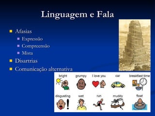 Linguagem e Fala Afasias Expressão Compreensão Mista Disartrias Comunicação alternativa 