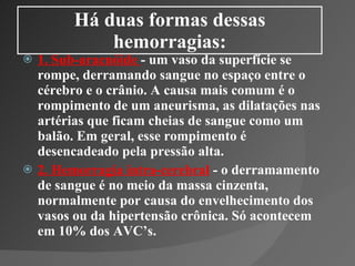 Há duas formas dessas hemorragias: 1. Sub-aracnóide  - um vaso da superfície se rompe, derramando sangue no espaço entre o cérebro e o crânio. A causa mais comum é o rompimento de um aneurisma, as dilatações nas artérias que ficam cheias de sangue como um balão. Em geral, esse rompimento é desencadeado pela pressão alta.  2. Hemorragia intra-cerebral  - o derramamento de sangue é no meio da massa cinzenta, normalmente por causa do envelhecimento dos vasos ou da hipertensão crônica. Só acontecem em 10% dos AVC’s. 