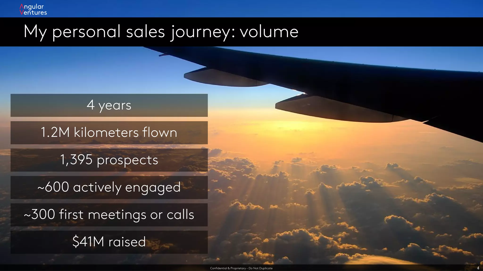 Confidential & Proprietary – Do Not Duplicate 4
My personal sales journey: volume
4
4 years
1.2M kilometers flown
~600 actively engaged
1,395 prospects
~300 first meetings or calls
$41M raised
 