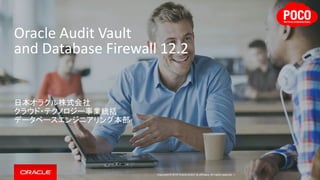 Copyright © 2016 Oracle and/or its affiliates. All rights reserved. |
Oracle Audit Vault
and Database Firewall 12.2
日本オラクル株式会社
クラウド・テクノロジー事業統括
データベースエンジニアリング本部
 