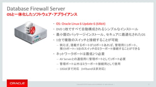 Copyright © 2016 Oracle and/or its affiliates. All rights reserved. |
Database Firewall Server
6
OSと一体化したソフトウェア・アプライアンス
• OS: Oracle Linux 6 Update 6 (64bit)
• DVD 1枚ですべて自動構成されるシンプルなインストール
• 最小限のパッケージインストール、セキュアに最適化されたOS
• 1台で複数のスイッチと接続することが可能
– 例えば、搭載するポートが10ポートあれば、管理用に1ポート、
残り9ポート= 9台のスイッチのミラーポート接続することができる
• ネットワークポートは最低2つ必要
– AV Serverとの通信用に管理ポートとして1ポート必要
– 管理ポート以外はミラーポート接続用として使用
– 10GbEまで対応 (Infibandは非対応)
 