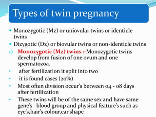 Types of twin pregnancy
 Monozygotic (Mz) or uniovular twins or identicle
twins
 Dizygotic (Dz) or biovular twins or non-identicle twins
1) Monozygotic (Mz) twins :-Monozygotic twins
develop from fusion of one ovum and one
spermatozoa.
• after fertilization it split into two
• it is found cases (20%)
• Most often division occur’s between 04 - 08 days
after fertilization
• These twins will be of the same sex and have same
gene’s blood group and physical feature’s such as
eye’s,hair’s colour,ear shape
 