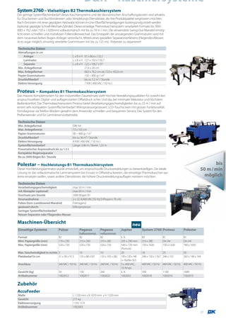D&K – Kaschiersysteme
System 2760 – Vielseitiges B2 Thermokaschiersystem
Der geringe Systemflächenbedarf dieses Kaschiersystems und die ökonomischen Anschaffungskosten sind attraktiv
für Druckereien und Buchbindereien oder Veredelungs-Dienstleister, die ihre Produktpalette vergrössern möchten.
Nach Einrüsten mit einer geprägten Heizwalze können In-Line-Oberflächenprägungen kostengünstig erzielt werden
(optional: geprägte Schnell-Wechsel-Zylinder). Dieses einseitige Thermokaschiersystem verarbeitet Formate bis SRA1
(685 x 762 oder 720 x 1.020mm) vollautomatisch mit bis zu 18 m / min. Die verwendete Swing-Out-Mandrel ermög-
licht einen schnellen und mühelosen Folienrollenwechsel. Das Einstapeln der anzulegenden Grammaturen wird mit
dem neuentwickelten Bogen-Anleger vereinfacht. Mittels eines speziellen Separatorverfahrens (Fliegendes-Messer)
ist es sogar möglich, einseitig veredelte Grammturen mit bis zu 125 mic. Polyester zu separieren!

Technische Daten
Abmaßungen in cm
    Anleger                                L x B x H 97 x 86,4 x 132,1
    Laminator                              L x B x H 127 x 150 x 139,7
    Separato                               L x B x H 122 x 106,7 x 97
Min. Anlegeformat                                    21,6 x 28 cm
Max. Anlegeformat                                    68,5 x 76,2 cm od. 72,0 x 102,0 cm
Papier-Grammaturen                                   150 – 400 gr / m2
Druckluftbedarf                                      bis zu 7,2 m3 / Stunde
Elektro Versorgung                                   7 KW ( 400 VAC / 50 Hz )

Proteus – Kompaktes B1 Thermokaschiersystem
Das massive Komplettsystem für den industriellen Dauereinsatz stellt höchste Veredelungsqualitäten für sowohl den
anspruchsvollsten Digital- und auflagenstarken Offsetdruck sicher. Und das, bei minimaler Makulatur und höchstem
Bedienkomfort. Das Thermokaschiersystem Proteus bietet Verarbeitungsgeschwindigkeiten bis zu 25 m / min auf
einem sehr kompakten Systemflächenbedarf. Mikroprzessorgesteuert, LCD-Touchscreen mit grosser Funktionalität.
Ferndiagnose via Telefon-Modem gewährt dem Anwender schnellen und bequemen Service. Das System für den
Profianwender und für Laminierservicebetriebe.

Technische Daten
Min. Anlegeformat                          DIN A4
Max. Anlegeformat                          72 x 102 cm
Papier-Grammaturen                         90 – 400 gr / m2
Druckluftbedarf                            bis zu 36 m3 / Stunde
Elektro Versorgung                         8 KW ( 400 VAC / 50 Hz )
Systemflächenbedarf                        Länge: 2,46 m / Breite: 1,55 m
Pneumatischer Anpressdruck bis zu 1,5 t
Kompakter Bogenseparator
Bis zu 3000 Bögen B2 / Stunde

Polestar – Hochleistungs-B1 Thermokaschiersystem                                                                                                                bis
Dieser Hochleistungslaminator wurde entwickelt, um anspruchsvolle Druckveredelungen zu bewerkstelligen. Die ideale                                       50 m / min
Lösung ist das vollautomatische Laminiersystem bei Einsatz in Offsetdruckereien, die einseitige Thermokaschier-sys-
teme einsetzen wollen, sowie andere Dienstleister, die höhere Druckveredelungsauflagen meistern möchten.                                                   möglich
Technische Daten
Verarbeitungsgeschwindigkeit               max 50 m / min
mit Abstapler (optional)                   max 60 m / min
Durchsatz pro Stunde                       3000 Bögen B1
Stromaufnahme                              3 x 32 A(400 VAC/50 Hz/3-Phasen+ PE+N)
Folien-Dorn (cantilevered Mandrel)         Freitragend
gesteuert durch                            Mikroprozessor
Geringer Systemflächenbedarf
Reisser-Separator oder Fliegendes-Messer

Maschinen-Übersicht                                                                            neu
Einseitige Systeme             Pulsar            Pegasus           Pegasus           Jupiter           System 2760 Proteus                 Polestar
                                                 halbautomat.      vollautomat.
Format                         B2                B2                B2                k. A.             B2                B1                B1
Mini. Papiergröße (mm)         176 x 250         210 x 260         210 x 260         205 x 290 mm      216 x 280         Din A4            Din A4
Max. Papiergröße (mm)          520 x 720         520 x 720         520 x 720         540 x 720 mm      720 x 1020        720 x1 020        760 x 1050
                                                                                     (Portrait)
Max. Geschwindigkeit in m/min 3                  10                10                20                18                25                50
Platzbedarf in cm             31 x 38 x 91,5     135 x 88 x187     135 x 105 x 282   195 x 120 x 140   346 x 150 x 139,7 246 x 155         365 x 148 x 144
                                                                                     (+ Rüttler B2)
Anschluss                      240 VAC / 50 Hz   240 VAC / 50 Hz   240 VAC / 50 Hz   3 x 400 VAC,      400 VAC / 50 Hz   400 VAC / 50 Hz   400 VAC / 50 Hz
                                                                                     16 Amps
Gewicht (kg)                   30                130               240               k. A.             590               1100              1689
Artikelnummer                  1002012           1002017           1002022           1002032           1002018           1002016           1002019

Zubehör
AccuFeeder
Maße                                       L 1220 mm x B 1070 mm x H 1320 mm
Gewicht                                    275 kg
Elektoversorgung                           115V, 15 A
Artikelnummer                              1002003
                                                                                                                                                         27
 