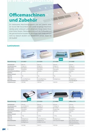 www.dkgmbh.de

     Officemaschinen
     und Zubehör
     Ein interessantes Maschinenprogramm und viel Zubehör erhal-
     ten Sie bei D&K Deutschland. Sehr stabile langlebige Maschinen,
     ständig weiter verbessert und in attraktivem Design bieten Ihnen
     einen hohen Nutzen. Überzeugend sind auch die Profiqualität und
     die gute technische Ausstattung, die einiges mehr bietet und sich
     nicht nur dadurch deutlich vom Wettbewerb abhebt. Testen Sie
     die Qualität!



Laminatoren




                                                                                    neu
Bezeichnung             CS 2607                CS 3205                   CS 3200                CS 3300

Arbeitsbreite           260 mm                 320 mm                    320 mm                 320 mm
Stundenleistung         50 Blatt A4            90 Blatt A3               90 Blatt A3            90 Blatt A3
Folienstärke            alle Stärken           alle Stärken              bis 175 mic            alle Stärken
Heizungsart             Heizplatten            Heizwalzen                Heizwalzen             Heizplatten
Temperatureinstellung   stufenlos              stufenlos                 Stufenlos              stufenlos
Rücklauf                ja                     ja                        ja                     nein
Walzen-Technik          4                      4                         4                      4
Gewicht                 5 kg                   5 kg                      8 kg                   7 kg
TÜV / CE                ja                     ja                        ja                     ja
Gehäuse                 Kunststoffgehäuse      Kunststoffgehäuse         Metallgehäuse          Metallgehäuse
Besonderheiten          Fotolaminator          Fotolaminator                                    Profi-Metallgerät
Artikelnummer           1001008                1001016                   1001029                1001020




                                     neu                                            neu
Bezeichnung             CS 3202 M              CS 3202                   CS 4800                Office 370

Arbeitsbreite           350 mm                 350 mm                    470 mm                 370 mm
Stundenleistung         bis 220 Blatt A3       190 Blatt A3              150 Blatt A2           8 m / min.
Folienstärke            alle Stärken           alle Stärken              bis 175mic.            alle Stärken
Heizungsart             Heizwalzen             Heizwalzen                Double Heat            Heizwalzen
Temperatureinstellung   stufenlos              stufenlos                 stufenlos              stufenlos
Rücklauf                ja                     ja                        ja                     nein
Walzen-Technik          6                      6                         4                      4
Gewicht                 15 kg                  12,5 kg                   27,5 kg                30 kg
TÜV / CE                ja                     ja                        ja                     ja
Gehäuse                 Metallgehäuse          Kunststoffgehäuse         Metallgehäuse          Metallgehäuse
Besonderheiten          Profigerät mit         Profigerät mit            hohe Geschwindigkeit   Sehr sparsam durch
                        Metallgehäuse          6 Walzen-Technik                                 Rollenverarbeitung
                                                                                                Schneidevorrichtung
Artikelnummer           1001048                1001011                   1001028                1001030


30
 