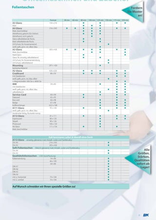Officemaschinen und Zubehör
Folientaschen                                                                                                                     Fordern
                                                                                                                               Sie Muster
                                                                                                                                      an!
                                            Format           38 mic    60 mic      80 mic 100 mic 125 mic 150 mic 175 mic 250 mic
A5 Glanz                                   154 x 216
Matt
A4 Glanz                                   216 x 303
Matt, beschreibbar
Abheftrand, gelocht (für Ordner)
Abheftrand, nicht gelocht
Glanz selbstklebende Rücks.
Matt selbstklebende Rücks.
UV-Schutz, für Aussenanwend.
weiß, gelb, grün, rot, silber, blau
A3 Glanz                                   303 x 426
Matt, beschreibbar
Matt/Glanz
Glanz SK, einseitig selbstklebend
UV-Schutz, für Aussenanwendung
UV-Schutz, selbstklebend
Mounting                                   297 x 420
beidseitig klebend
A2 Glanz                                   426 x 620
Creditcard                                  86 x 54
mit Datablocker
weiß, gelb, grün, rot, blau silber
+ Magnetstreifen 300 Oe o. 4000 Oe
IBM                                         59 x 83
mit Datablocker
weiß, gelb, grün, rot, silber, blau
selbstklebend
Service-Card                                60 x 90
Datacard                                    65 x 95
Key-card                                    64 x 98
Badge                                       67 x 98
Kofferanhänger                             63,5 x 108
A7/1 Glanz                                 74 x 105
weiß, gelb, grün, rot, silber, blau
Vorderseite farbig, Rückseite transp.
A7/2 Glanz                                  81 x 111
Expresscard                                 80 x 120
Skipaß                                     90 x 126
Photocard                                  100 x 150
A6 Glanz                                   111 x 154
Matt, beschreibbar


                                           Kalt laminieren: sofort & überall ohne Gerät
A7/2 Glanz        einseitig, glänzend, matt, Kristall-, Leder-und Textilstruktur
Din A4                                           216 x 303
Din A3                                           303 x 426
Soft-Folientaschen (Weich) glänzend, matt, Kristall-, Leder-und Textilstruktur
Din A4                                                                                                                                     Alle
Din A3                                                                                                                                Größen,
Qualitätsfolientaschen (100 Stück/Packung)                                                                                            Stärken,
Kaltanwendung                                     54 x 86
                                                  66 x 100                                                                          Qualitäten
                                                   64 x 86                                                                           sofort ab
DIN A7
DIN A6
                                                                                                                                        Lager!
DIN A5
DIN A4
mit LL horizontal                                74 x 104
mit LL vertikal                                  74 x 104


Auf Wunsch schneiden wir Ihnen spezielle Größen zu!




                                                                                                                                      31
 