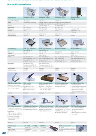 Officemaschinen und Zubehör
Nut- und Falzmaschinen




Bezeichnung                   Falzgerät FM 20                   Falzgerät FM 21                         Falzgerät FM 22                    Papierwagen
                                                                                                                                           PW 50
Falzgeschwindigkeit           170 A4 / min                      120 A4 / min                            120 A4 / min
Falzart                       Standardbrief, concertina         standard, concertina, single, double,   standard, concertina, single, double,
                                                                parallel, brochure, half concertina     parallel, brochure, half concertina
Format                        A4                                A3, (B4), A4, (B5), A5                  A3, (B4), A4, (B5), A5
Papierstärke                  80 – 120 g / m2                   80 – 160 g / m2                         80 – 160 g / m2
Maße (mm)                     295 x 355 x 365                   770 x 445 x 500                         770 x 445 x 500                       545 x 500 x 960
Gewicht                       15 Kg                             27,5 Kg                                 29,5 Kg                               Zuladung: 11,5 Kg
                                                                                                                                              PW: 44 kg
Strombedarf                   230 V / 50 Hz                     230 V / 50 Hz                           230 V / 50 Hz
Artikelnummer                 2003021                           2003022                                 2003023                               2003011




Bezeichnung                   Nut- und Preforier-               Nut- und Perforier                      Nutgerät NM 46                     Nutgerät NM 47
                              gerät NFM 48                      gerät NFM 49
Maße (mm)                     500 x 380 x 95                    55 x 400 x 200                          505 x 505 x 95                     570 x 540 x 200
Gewicht                       11,5 Kg                           19,5 Kg                                 13,5 Kg                            20 Kg
Strombedarf                                                     230 V / 50 Hz                                                              230 V / 50 Hz
Nuten                         Max. Breite 315 mm                Max. Breite: 332 mm                     Max. Arbeitsbreite: 435 mm         Max. Arbeitsbreite: 435 mm
                              Max. Papierstärke: 400 g / m2     Max. Papierstärke: 400 g / m2           Max. Papierstärke                  Max. Papierstärke: 400 g / m2
                              Nutwinkel: 0 – 90°                Nutwinkel: 0 – 90°                      Nutwinkel: 45°, 90°                Nutwinkel: 45°, 90°
                              Nutbreite: 1,2 / 1,8 mm           Nutbreite: 1,2 / 1,8 mm                 Nutbreite: 1,2 / 1,8 mm            Nutbreite: 1,2 / 1,8 mm
Perforieren                   Max. Breite: 315mm                Max. Breite 332 mm
                              Perforationswinkel: 0 – 90°       Perforationswinkel: 0 – 90°
                              Max. Papierstärke: 250 g / m2     Max. Papierstärke: 250 g / m2
Techn. Daten                  manuell                           elektrisch                              manuell                            elektrisch
Artikelnummer                 2003003                           2003004                                 2003001                            2003002




M20 Eckenabrunder             M25 Locher                        M30 Eckenabrunder                       M33 Eckenabrunder                  M40 Eckenabrunder
▪ Inklusive 1 Stanzmesser     ▪ 3Fach-Locher                    ▪ Industrieausführung         ▪ inklusive 2 Werkzeuge                      ▪ inkl. 1Stanzmesser
▪ Auswechselbare Stanzmesser: ▪ Langloch 3x14 mm                ▪ Inklusive 1 Stanzmesser     ▪ stabile Ausführung                         ▪ auswechselbare Stanzmesser
1/8´´, ¼´´, 3/8´´, und ½´´    ▪ Eckenabrunder bis 4 mm          ▪ Auswechselbare Stanzmesser:                                                1/8´´, ¼´´, 3/8´´, und ½´´
                              ▪ Rundloch Ø: 0,6 mm                1/8´´, ¼´´, 3/8´´, und ½´´                                               ▪ Werkzeug mit Langloch
                                                                                                                                           ▪ Schwere Metallausführung
6001020                       6001021                           6001022                                 6001023                            6001024




M70 Eckenabrunder             4324 Langlochstanze               4325 Langlochzange                      4326 Langlochzange                 4327Tisch-Langlochstanze
▪ Geeignet für Visitenkarten   ▪ mit seitlichem Anschlag        ▪ Langlochgröße: 3 x 12,5 mm ▪ mit seitlichem Anschlag                     ▪ mit justierbarem Anleger
  und Folien mit 3,5 mm Radius ▪ Langlochgröße: 3 x 16 mm       ▪ Stabile Metallausführung   ▪ Langlochgröße 3 x 12,5 mm                   ▪ sehr schwere Metallaus-
▪ Werkzeuge:                                                    ▪ Oberfläche verchromt       ▪ stabile Metallausführung                      führung
  3,5 mm, 6,5 mm und 10 mm                                                                   ▪ Oberfläche verchromt                        ▪ elektrische Ausführung gerne
▪ schwere Metallausführung                                                                                                                   auf Anfrage
▪ bequemer Stanzhebel
▪ optional: Werkzeug für
  Daumenloch

66001025                      6001015                           6001016                                 6001011                            6001052

Fotostanzen                      FS4320            FS432          FS4322                                        4330 Kartenstanze
Maße                             35 x 45 mm        25 x 32 mm     30 x 40 mm                                    Bis 19 mm
Beschreibung                     Profilqualität!                                                                Langlochstanze, Tischausführung
Artikelnummer                    6001000           6001003        6001004                                       6001046
34
 