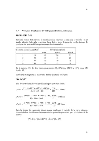 91

7.2

Problemas de aplicación del Hidrograma Unitario Instantáneo

PROBLEMA 7.2.1
Para una cuenca dada se tiene la información de isócronas y áreas que se muestra en el
cuadro adjunto. Sobre ella ocurre una lluvia de tres horas de duración con las láminas de
precipitación que también se presentan en el mismo cuadro.
Isócronas (horas) Área (Km2)
1
2
3
4

10
30
45
40

Hora 1
15
10
12
18

Precipitación(mm)
Hora 2
20
15
10
15

Hora 3
25
20
15
18

En la cuenca, 30% del área tiene curva número 88, 40% tiene CN 90 y 30% posee CN
igual a 85.
Calcular el hidrograma de escorrentía directa resultante del evento.

SOLUCIÓN
Las precipitaciones medias en la cuenca para cada hora serán:
PM 01 =

15 * 10 + 10 * 30 + 12 * 45 + 18 * 40 1710
=
= 13.68mm
10 + 30 + 45 + 40
125

PM 02 =

20 * 10 + 15 * 30 + 10 * 45 + 15 * 40 1700
=
= 13.60mm
10 + 30 + 45 + 40
125

PM 03 =

25 * 10 + 20 * 30 + 15 * 45 + 18 * 40 2245
=
= 17.96mm
10 + 30 + 45 + 40
125

Para la lámina de escorrentía directa puede emplearse el método de la curva número,
determinándose inicialmente la curva número promedio ponderada para el conjunto de la
cuenca:

CN = 0.30 * 88 + 0.40 * 90 + 0.30 * 85 = 87.9

91

 