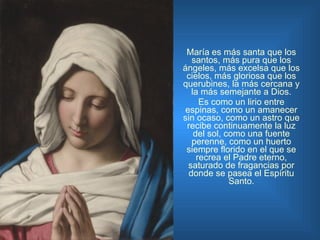 María es más santa que los santos, más pura que los ángeles, más excelsa que los cielos, más gloriosa que los querubines, la más cercana y la más semejante a Dios. Es como un lirio entre espinas, como un amanecer sin ocaso, como un astro que recibe continuamente la luz del sol, como una fuente perenne, como un huerto siempre florido en el que se recrea el Padre eterno, saturado de fragancias por donde se pasea el Espíritu Santo. 