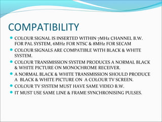 COMPATIBILITY
COLOUR SIGNAL IS INSERTED WITHIN 7MHz CHANNEL B.W.
FOR PAL SYSTEM, 6MHz FOR NTSC & 8MHz FOR SECAM
COLOUR SIGNALS ARE COMPATIBLE WITH BLACK & WHITE
SYSTEM.
COLOUR TRANSMISSION SYSTEM PRODUCES A NORMAL BLACK
& WHITE PICTURE ON MONOCHROME RECEIVER.
A NORMAL BLACK & WHITE TRANSMISSION SHOULD PRODUCE
A BLACK & WHITE PICTURE ON A COLOUR TV SCREEN.
COLOUR TV SYSTEM MUST HAVE SAME VIDEO B.W.
IT MUST USE SAME LINE & FRAME SYNCHRONISING PULSES.
 