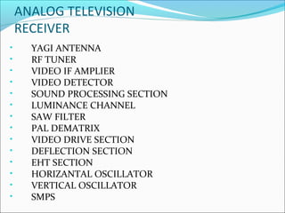 ANALOG TELEVISION
RECEIVER
• YAGI ANTENNA
• RF TUNER
• VIDEO IF AMPLIER
• VIDEO DETECTOR
• SOUND PROCESSING SECTION
• LUMINANCE CHANNEL
• SAW FILTER
• PAL DEMATRIX
• VIDEO DRIVE SECTION
• DEFLECTION SECTION
• EHT SECTION
• HORIZANTAL OSCILLATOR
• VERTICAL OSCILLATOR
• SMPS
 