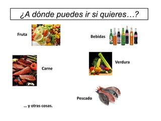 ¿A dónde puedes ir si quieres…?

Fruta                       Bebidas




                                      Verdura
            Carne




                      Pescado
   … y otras cosas.
 