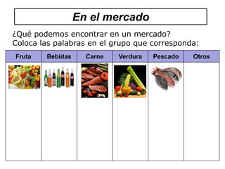 En el mercado
¿Qué podemos encontrar en un mercado?
Coloca las palabras en el grupo que corresponda:
Fruta   Bebidas     Carne   Verdura   Pescado   Otros
 