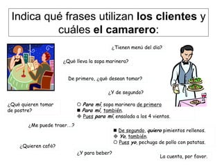 Indica qué frases utilizan los clientes y
          cuáles el camarero:
                                           ¿Tienen menú del día?

                     ¿Qué lleva la sopa marinera?


                       De primero, ¿qué desean tomar?

                                         ¿Y de segundo?

¿Qué quieren tomar           Para mí, sopa marinera de primero
de postre?                   Para mí, también.
                             Pues para mí, ensalada a los 4 vientos.
        ¿Me puede traer…?
                                              De segundo, quiero pimientos rellenos.
                                              Yo, también.
                                              Pues yo, pechuga de pollo con patatas.
    ¿Quieren café?
                            ¿Y para beber?
                                                                 La cuenta, por favor.
 