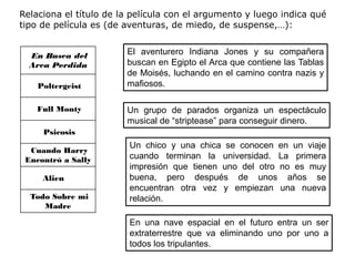 Relaciona el título de la película con el argumento y luego indica qué
tipo de película es (de aventuras, de miedo, de suspense,…):


  En Busca del          El aventurero Indiana Jones y su compañera
  Arca Perdida          buscan en Egipto el Arca que contiene las Tablas
                        de Moisés, luchando en el camino contra nazis y
    Poltergeist         mafiosos.

    Full Monty          Un grupo de parados organiza un espectáculo
                        musical de “striptease” para conseguir dinero.
     Psicosis
                         Un chico y una chica se conocen en un viaje
  Cuando Harry
 Encontró a Sally        cuando terminan la universidad. La primera
                         impresión que tienen uno del otro no es muy
     Alien               buena, pero después de unos años se
                         encuentran otra vez y empiezan una nueva
  Todo Sobre mi          relación.
     Madre

                         En una nave espacial en el futuro entra un ser
                         extraterrestre que va eliminando uno por uno a
                         todos los tripulantes.
 