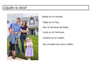 ¿Quién lo dice?

                  Rafael es mi marido.

                  Pablo es mi hijo.

                  Soy la hermana de Pablo.

                  Lucía es mi hermana.

                  Cristina es mi madre.


                  Soy el padre de Lucía y Pablo.
 