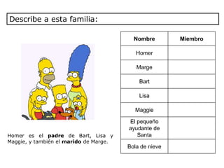 Describe a esta familia:

                                          Nombre        Miembro

                                           Homer

                                           Marge

                                            Bart

                                            Lisa

                                          Maggie

                                        El pequeño
                                        ayudante de
Homer es el padre de Bart, Lisa y          Santa
Maggie, y también el marido de Marge.
                                        Bola de nieve
 