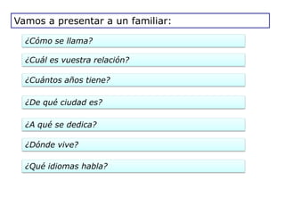 Vamos a presentar a un familiar:

  ¿Cómo se llama?

  ¿Cuál es vuestra relación?

  ¿Cuántos años tiene?

  ¿De qué ciudad es?

  ¿A qué se dedica?

  ¿Dónde vive?

  ¿Qué idiomas habla?
 