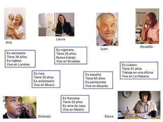 Laura
Ana
                                                                                       Osvaldo
                                  Es nigeriano                 Juan
Es secretaria                     Tiene 28 años
Tiene 38 años.                    Busca trabajo
Es inglesa                        Vive en Bruselas
Vive en Londres                                                            Es cubano
                                                                           Tiene 43 años
                  Es rusa                                                  Trabaja en una oficina
                                                     Es español
                  Tiene 30 años                                            Vive en La Habana.
                                                     Tiene 65 años
                  Es empresaria                      Es pensionista
                  Vive en Moscú                      Vive en Alicante.


                                      Es francesa
                                      Tiene 33 años
                                      Es ama de casa
                                      Vive en Madrid

                    Orlando                                        Elena
 