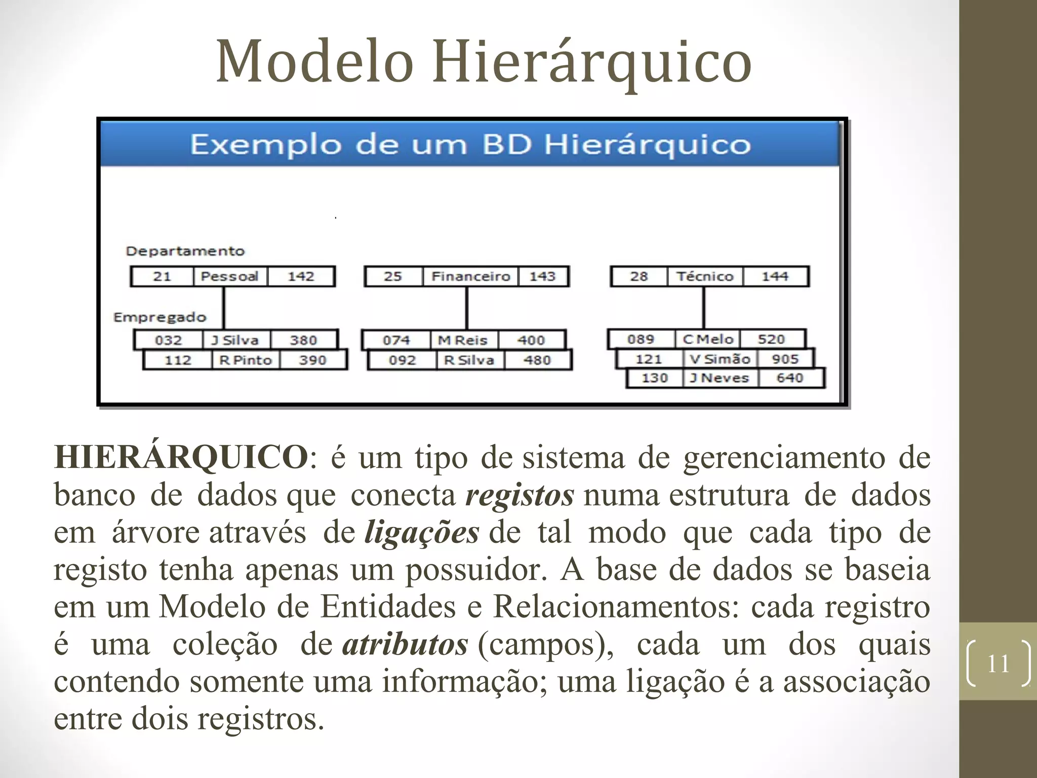 Modelo Hierárquico
HIERÁRQUICO: é um tipo de sistema de gerenciamento de
banco de dados que conecta registos numa estrutura de dados
em árvore através de ligações de tal modo que cada tipo de
registo tenha apenas um possuidor. A base de dados se baseia
em um Modelo de Entidades e Relacionamentos: cada registro
é uma coleção de atributos (campos), cada um dos quais
contendo somente uma informação; uma ligação é a associação
entre dois registros.
11
 