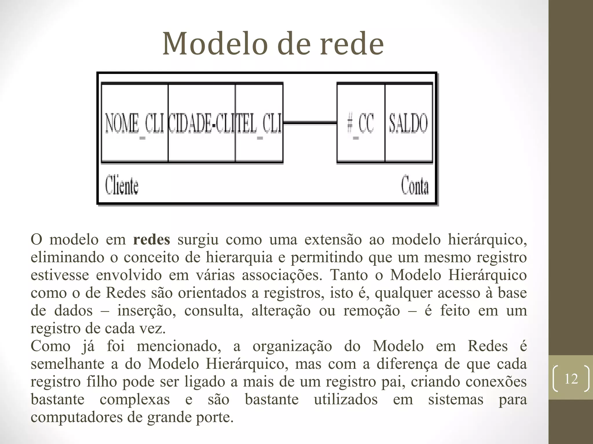 Modelo de rede
O modelo em redes surgiu como uma extensão ao modelo hierárquico,
eliminando o conceito de hierarquia e permitindo que um mesmo registro
estivesse envolvido em várias associações. Tanto o Modelo Hierárquico
como o de Redes são orientados a registros, isto é, qualquer acesso à base
de dados – inserção, consulta, alteração ou remoção – é feito em um
registro de cada vez.
Como já foi mencionado, a organização do Modelo em Redes é
semelhante a do Modelo Hierárquico, mas com a diferença de que cada
registro filho pode ser ligado a mais de um registro pai, criando conexões
bastante complexas e são bastante utilizados em sistemas para
computadores de grande porte.
12
 