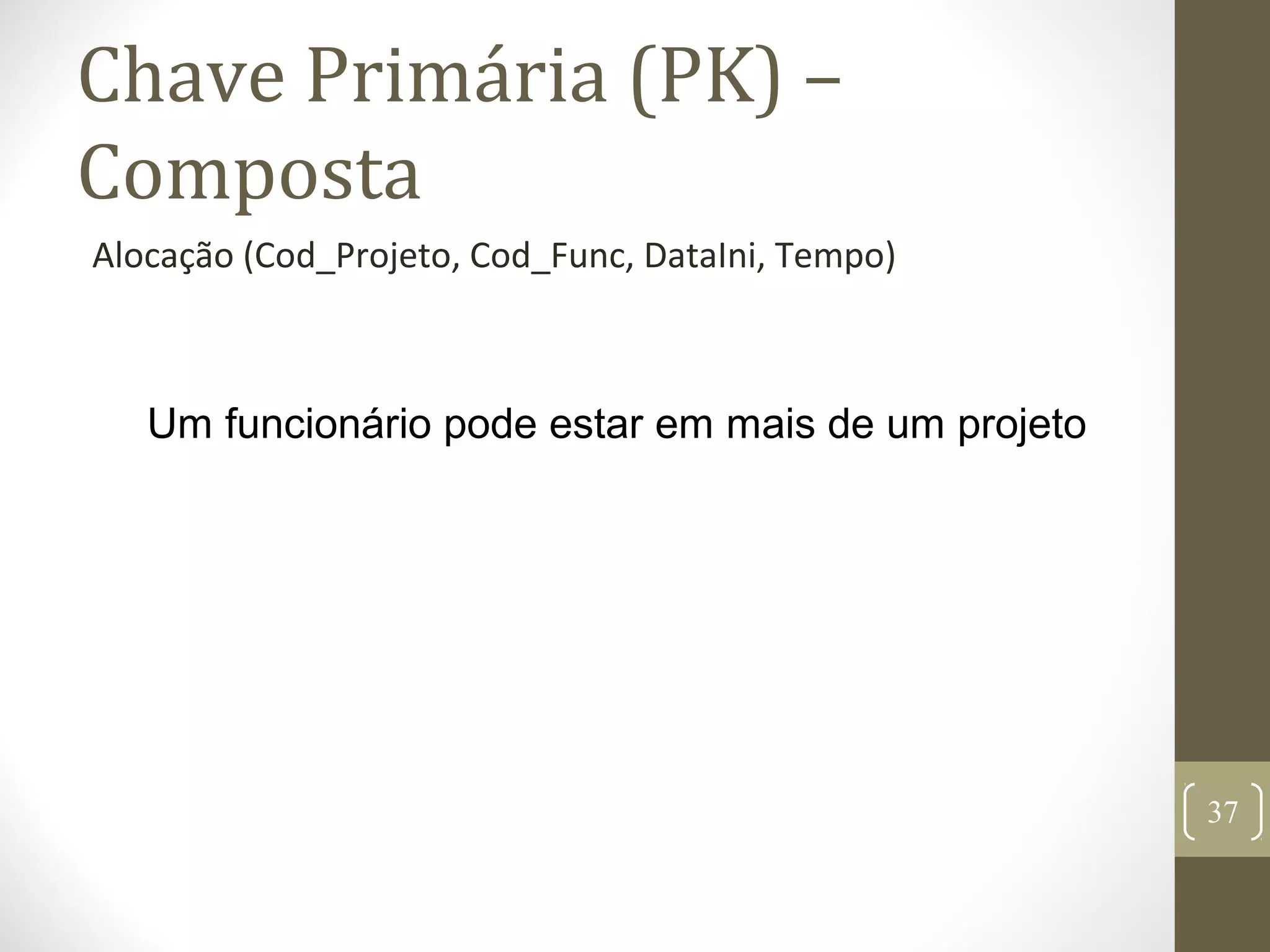 Chave Primária (PK) –
Composta
Alocação (Cod_Projeto, Cod_Func, DataIni, Tempo)
Um funcionário pode estar em mais de um projeto
37
 