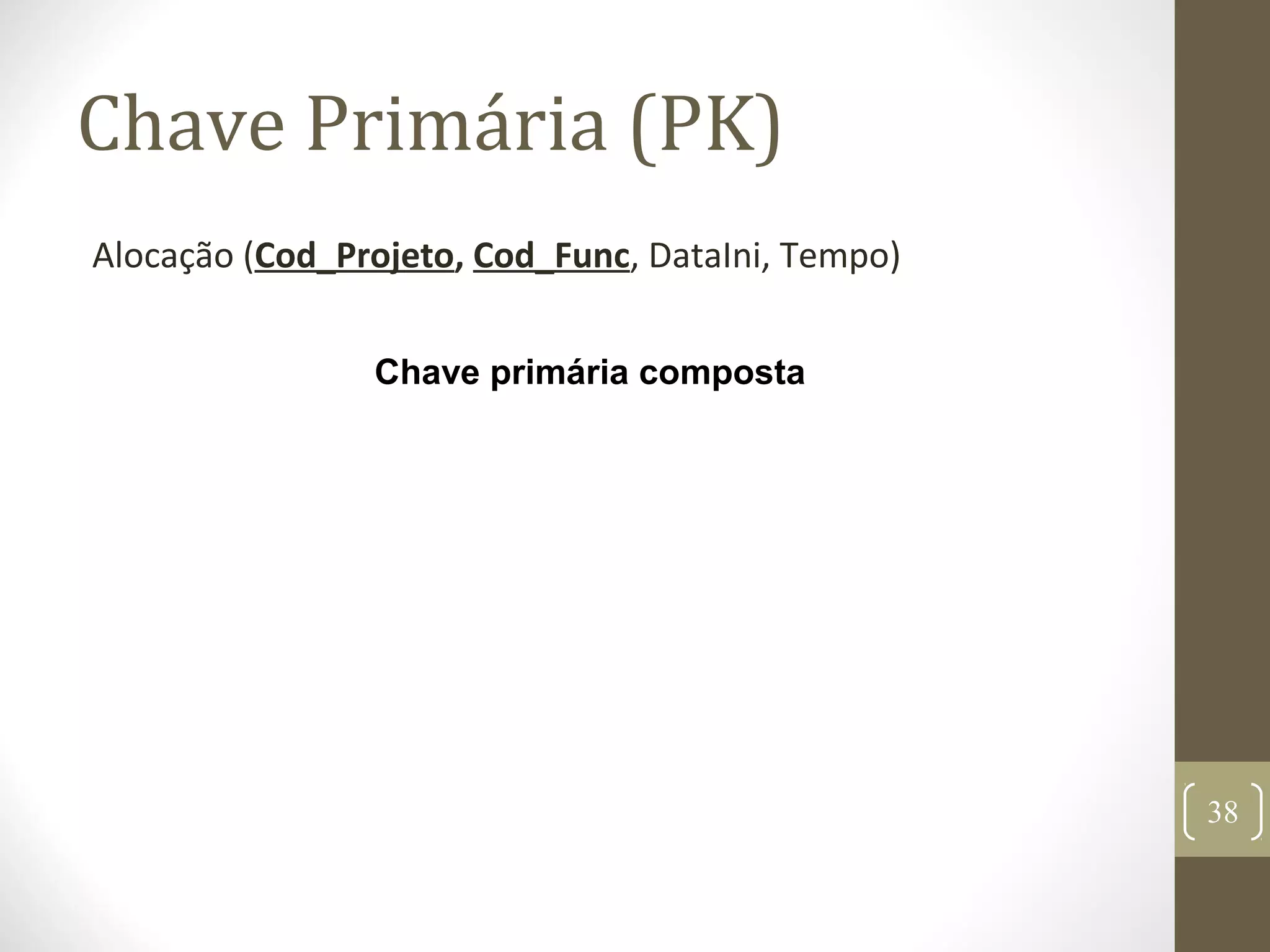 Chave Primária (PK)
Alocação (Cod_Projeto, Cod_Func, DataIni, Tempo)
Chave primária composta
38
 