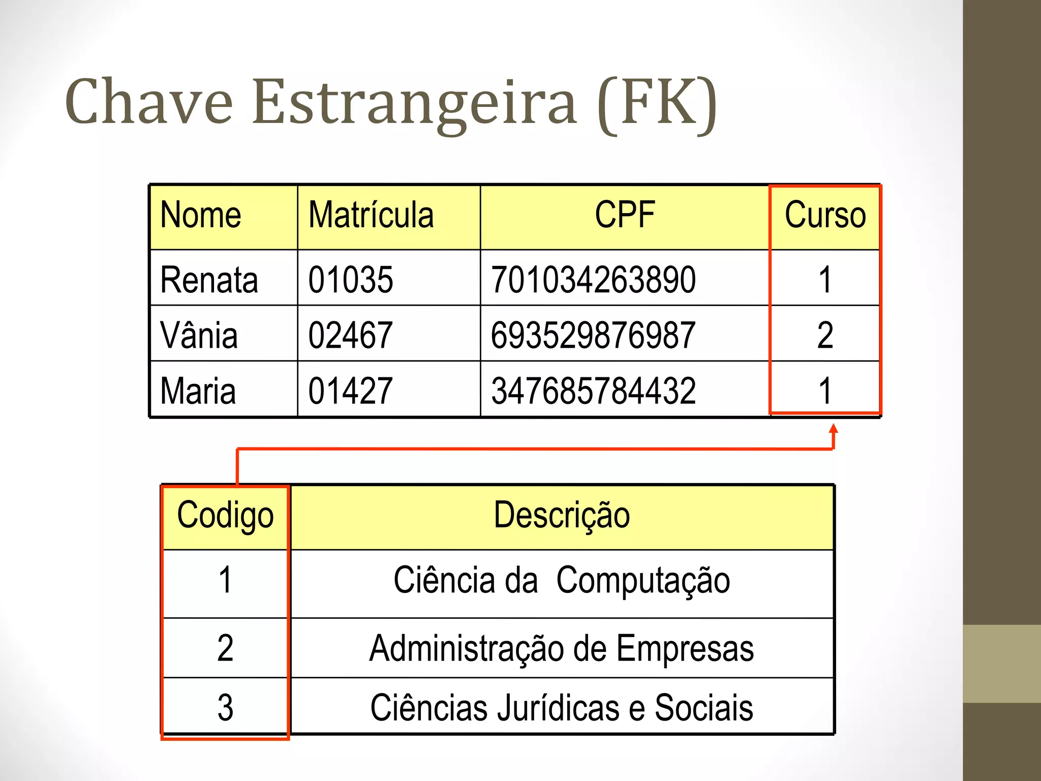 Chave Estrangeira (FK)
1
2
1
Curso
347685784432
693529876987
701034263890
CPF
01427Maria
02467Vânia
01035Renata
MatrículaNome
Ciências Jurídicas e Sociais
Administração de Empresas
Ciência da Computação
Descrição
3
2
1
Codigo
 