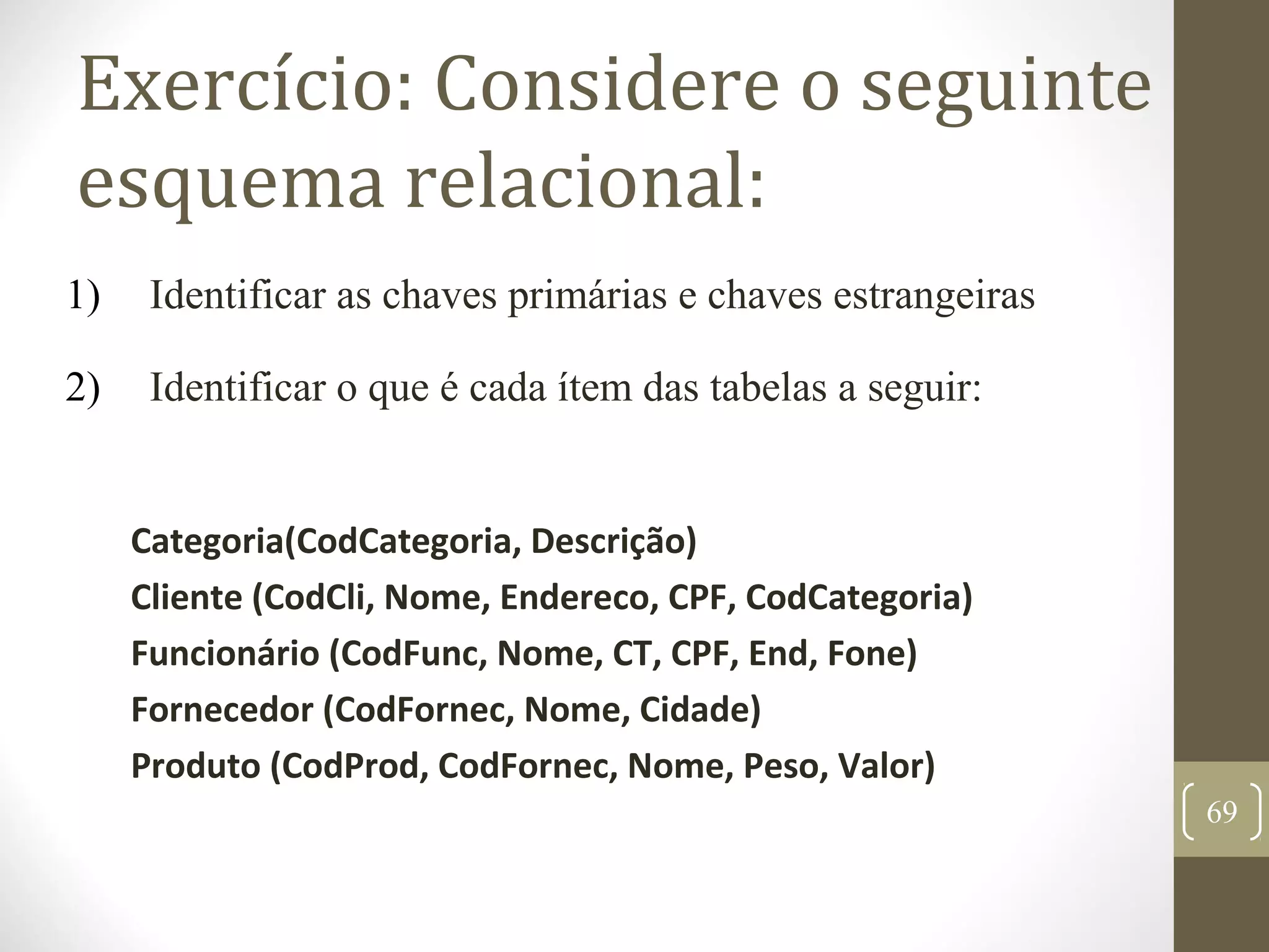 Exercício: Considere o seguinte
esquema relacional:
Categoria(CodCategoria, Descrição)
Cliente (CodCli, Nome, Endereco, CPF, CodCategoria)
Funcionário (CodFunc, Nome, CT, CPF, End, Fone)
Fornecedor (CodFornec, Nome, Cidade)
Produto (CodProd, CodFornec, Nome, Peso, Valor)
69
1) Identificar as chaves primárias e chaves estrangeiras
2) Identificar o que é cada ítem das tabelas a seguir:
 