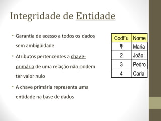 Integridade de Entidade
• Garantia de acesso a todos os dados
sem ambigüidade
• Atributos pertencentes a chave-
primária de uma relação não podem
ter valor nulo
• A chave primária representa uma
entidade na base de dados
Carla4
Pedro3
João2
Maria1
NomeCodFu
n
 