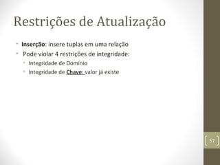 Restrições de Atualização
• Inserção: insere tuplas em uma relação
• Pode violar 4 restrições de integridade:
• Integridade de Domínio
• Integridade de Chave: valor já existe
57
 