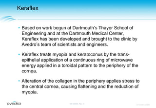 KeraflexBased on work begun at Dartmouth’s Thayer School of Engineering and at the Dartmouth Medical Center, Keraflex has been developed and brought to the clinic by Avedro’s team of scientists and engineers.
